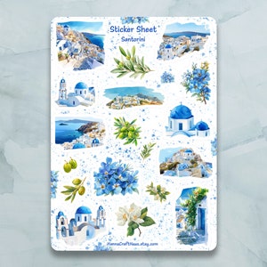 Feuille d'autocollants Santorin - Lot de 18 autocollants pour journal, agenda, scrapbooking et plus