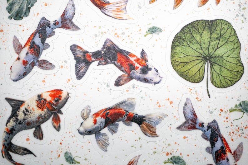 May include: A set of colorful koi fish stickers with black, white, red, and orange markings. The stickers are on a white background with a green leaf and water droplets.