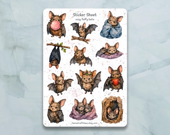 Cozy Fluffy Bats Sticker Sheet, Cute Waterproof Vinyl Bat Stickers for Halloween Journal, Planner and Scrapbook