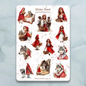 Foglio di adesivi di Cappuccetto Rosso - Set di 12 adesivi per diario, agenda, scrapbooking e altro ancora