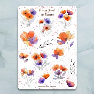 Ink Blumen Sticker Bogen - Set von 14 Stickern für Journal, Planer, Scrapbooking und mehr