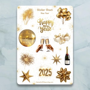 Feuille d'autocollants Nouvel An 2025 - Lot de 12 autocollants pour journal, agenda, scrapbooking et plus
