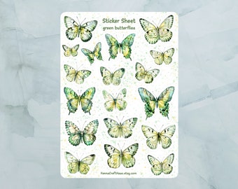 Hoja de pegatinas de mariposas verdes - Conjunto de 18 pegatinas para diario, planificador, álbum de recortes y más