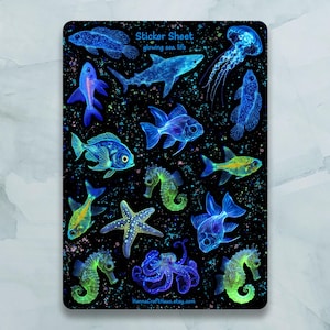Stickervel Glowing Sea Life: set van 15 stickers voor dagboek, planner, scrapbooking en meer