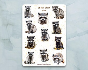 Waschbär Sticker Bogen - Set aus 11 Aufklebern für Journal, Planer, Scrapbooking und mehr