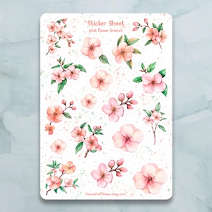 Pink Blumen Zweig Sticker Bogen - Set von 17 Aufkleber für Journal, Planer, Scrapbooking und mehr