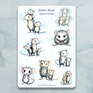 Opossum Sticker Bogen - Set mit 8 Aufkleber für Journal, Planer, Scrapbooking und mehr