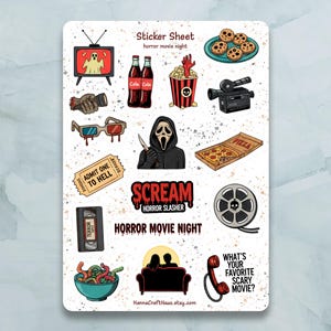 May include: A sticker sheet with various horror movie-themed illustrations. Includes a TV with a ghost, popcorn, pizza, a VHS tape, and the text "HORROR MOVIE NIGHT". Also features the text "SCREAM HORROR SLASHER".