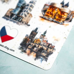 May include: A sheet of stickers featuring watercolor illustrations of Czech Republic landmarks, including the Charles Bridge, a beer stein, and the Leaning Tower of Pisa. A heart-shaped Czech flag is also included. The Etsy shop name "HannaCrafthaus.etsy.com" is visible.
