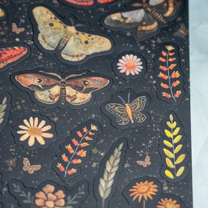 Puede incluir: Hoja de pegatinas con varios dise&ntilde;os de polillas y mariposas, junto con elementos florales y bot&aacute;nicos. Las pegatinas tienen un fondo oscuro con un patr&oacute;n moteado y son en tonos marr&oacute;n, naranja, amarillo y blanco.