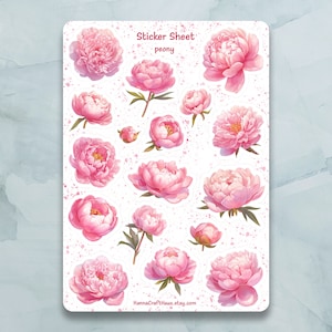 Feuille d'autocollants pivoine - lot de 17 autocollants pour journal, agenda, scrapbooking et plus