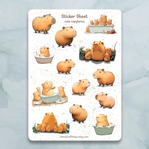 Jolie feuille d'autocollants Capybaras - Lot de 13 autocollants pour journal, agenda, scrapbooking et plus