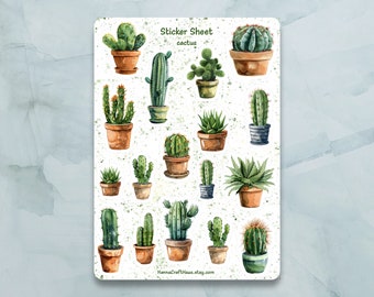 Może przedstawiać: Arkusz naklejek z 16 akwarelowymi ilustracjami różnych kaktusów w doniczkach. Arkusz jest zatytułowany "Sticker Sheet cactus".