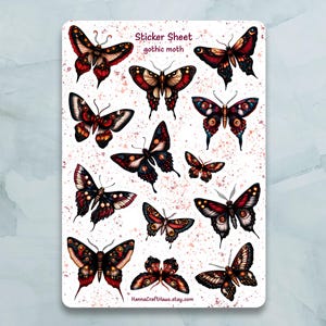 Gothic Moth Sticker Sheet - Set of 12 Stickers for Journal, Planner, Scrapbooking and more