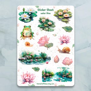 Folha de adesivos de nenúfares - Conjunto de 14 adesivos para diário, planejador, scrapbooking e muito mais