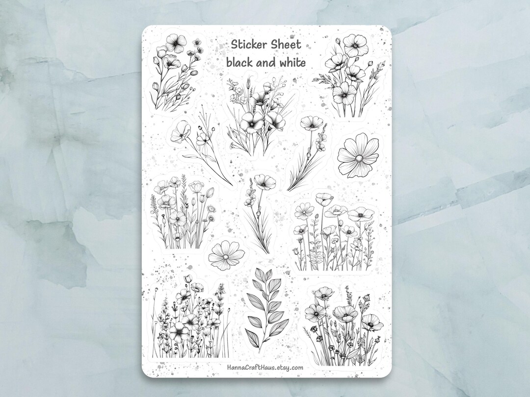 Black and White Flowers Sticker Sheet - Set of 12 Stickers for Journal ...