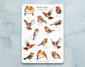 European Robin bird Sticker Sheet - Set of 14 Stickers for Journal, Planner, Scrapbooking and more
