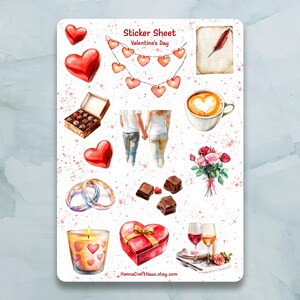 Folha de adesivos do Dia dos Namorados - Conjunto de 14 adesivos para diário, planejador, scrapbooking e muito mais
