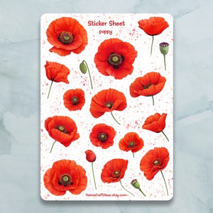 Mohnblume Sticker Bogen - Set mit 19 Aufklebern für Journal, Planer, Scrapbooking und mehr