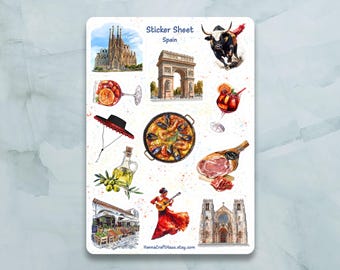 Spain Sticker Sheet - Set of 12 Stickers for Journal, Planner, Scrapbooking and more