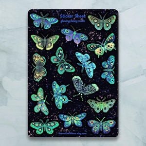 Foglio di adesivi Glowing Fancy Moth - Set di 15 adesivi per diario, pianificatore, scrapbooking e altro ancora