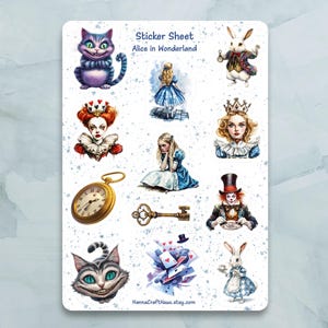 Alice im Wunderland Sticker Bogen - Set von 12 Sticker für Journal, Planer, Scrapbooking und mehr
