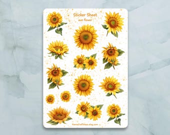 Peut inclure: Une feuille d'autocollants avec 15 illustrations de tournesols. La feuille est blanche avec des points dorés et le texte "Sticker Sheet sun flower" en haut.