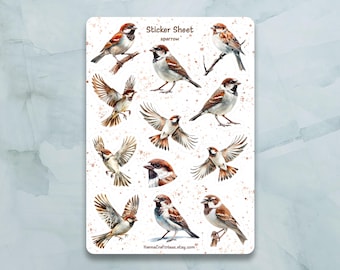 Sparrow Bird Sticker Sheet - Set of 12 Stickers for Journal, Planner, Scrapbooking and more