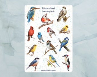 Foglio di adesivi con uccelli ramificati - Set di 12 adesivi per diario, agenda, scrapbooking e altro ancora