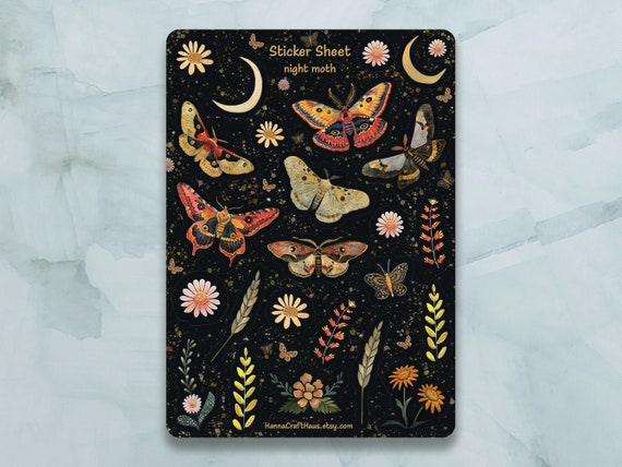 Night Moth Sticker Sheet - Set of 26 Stickers for Journal, Planner, Scrapbooking and more