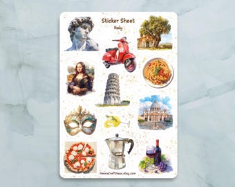 Italy Sticker Sheet - Set of 12 Stickers for Journal, Planner, Scrapbooking and more