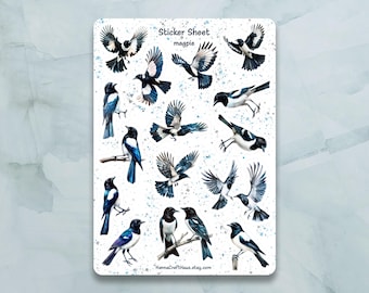 Magpie Bird Sticker Sheet - Set of 15 Stickers for Journal, Planner, Scrapbooking and more