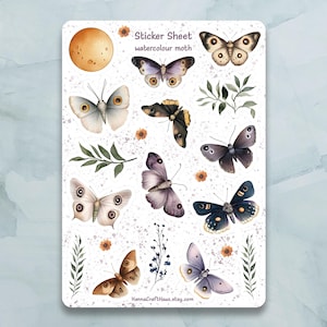 Watercolor Moth Sticker Bogen - Set mit 16 Stickern für Journal, Planer, Scrapbooking und mehr