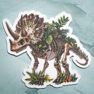 May include: A sticker featuring a detailed illustration of a triceratops skeleton with plants growing over the bones. The sticker is white with a light blue background.
