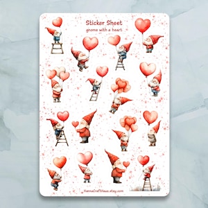 Feuille d'autocollants Gnome avec coeur - Lot de 16 autocollants pour journal, agenda, scrapbooking et plus