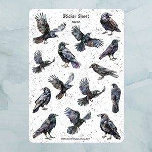 Raven Sticker Bogen - Set von 14 Stickern für Journal, Planer, Scrapbooking und mehr