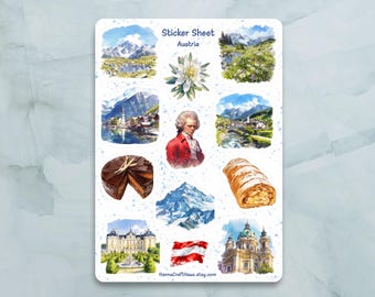 Austria Sticker Sheet - Set of 12 Stickers for Journal, Planner, Scrapbooking and more