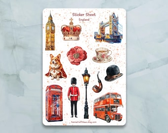 England Sticker Bogen - Set von 12 Aufkleber für Journal, Planer, Scrapbooking und mehr