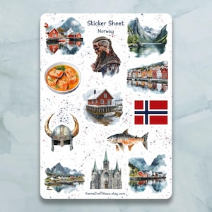 Feuille d'autocollants Norvège - Lot de 12 autocollants pour journal, agenda, scrapbooking et plus