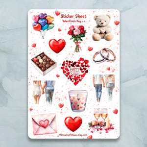 Folha de adesivos do Dia dos Namorados v.2 - Conjunto de 12 adesivos para diário, planejador, scrapbooking e muito mais