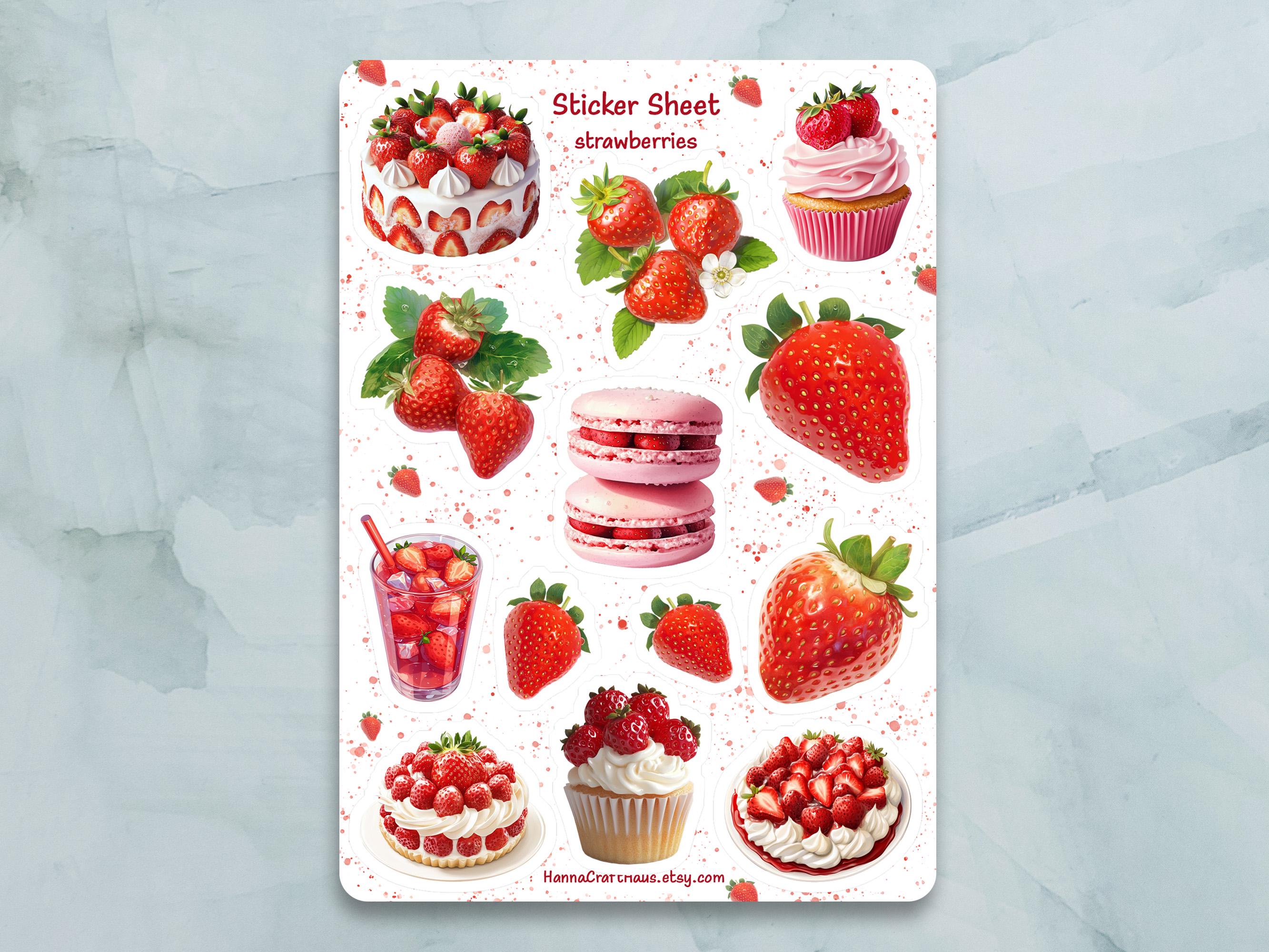 Strawberries Desserts Sticker Sheet - Set of 12 Stickers for Journal, Planner, Scrapbooking and more