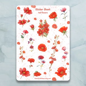 Feuille d'autocollants fleurs rouges - Lot de 17 autocollants pour journal, agenda, scrapbooking et plus