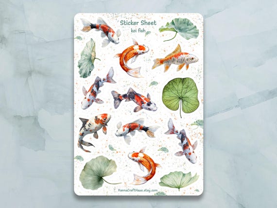 Koi Fish Sticker Sheet - Set of 14 Stickers for Journal, Planner, Scrapbooking and more