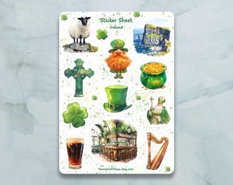 Ireland Sticker Sheet - Set of 12 Stickers for Journal, Planner, Scrapbooking and more