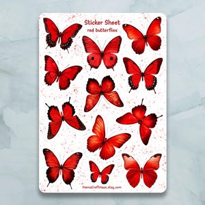 Bright Red Butterflies Sticker Sheet - Set of 12 Stickers for Journal, Planner, Scrapbooking and more