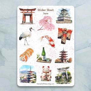 Foglio di adesivi da viaggio in Giappone - Set di 12 adesivi per diario, pianificatore, scrapbooking e altro ancora