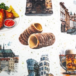 May include: Watercolor illustrations of Czech Republic cuisine and landmarks. Includes fried food with lemon and ketchup, Trdeln&iacute;k pastries, Prague architecture, and beer steins.