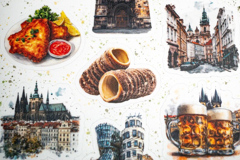 May include: Watercolor illustrations of Czech Republic cuisine and landmarks. Includes fried food with lemon and ketchup, Trdeln&iacute;k pastries, Prague architecture, and beer steins.