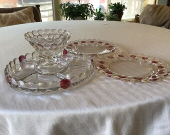 RARE FIND Vintage Hobnail Glass Relish Tray, Condiment glass, and two plates