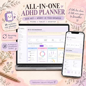 Può includere: Un'applicazione web di pianificazione ADHD visualizzata sullo schermo di un computer portatile e di uno smartphone. L'interfaccia presenta una dashboard con tracker delle attività, grafici finanziari e sezioni benessere. Il testo include All-in-One ADHD Planner, 18 sections, one planner, e A little less chaos. A little more space to breathe.